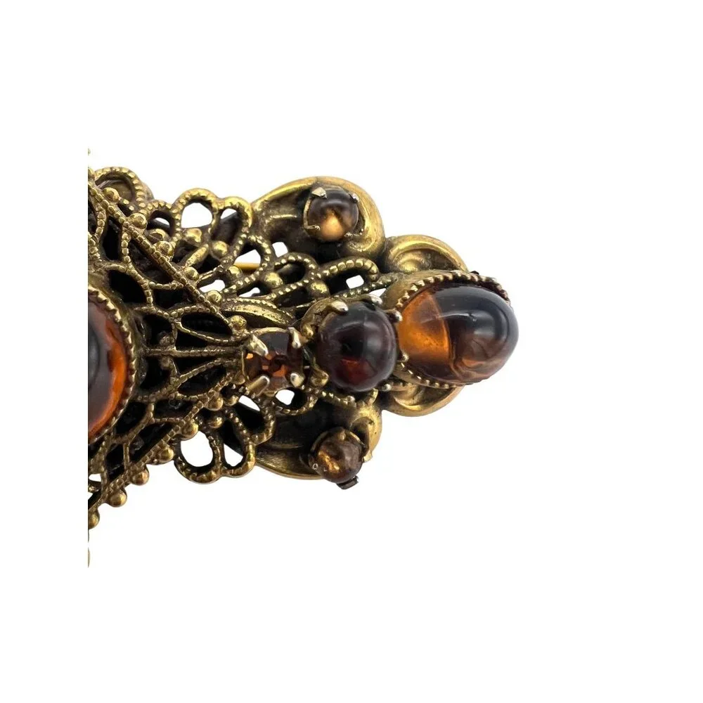 Vintage Original By Robert Amber Glass Cabochon Filigree Bar Brooch Rhinestones - Picture 8 of 9
